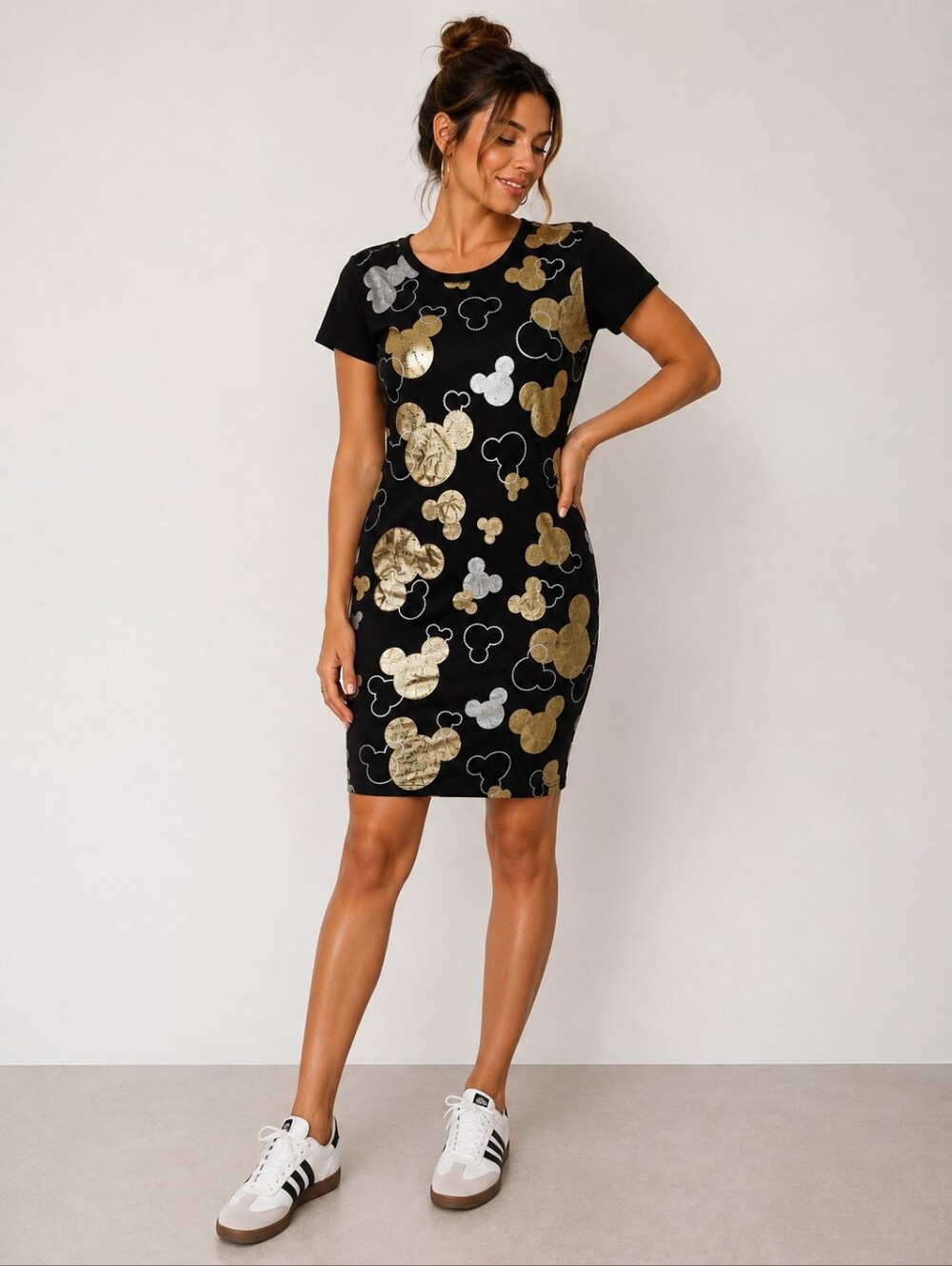 M.W Mickey Mouse Rhinestone Bodycon T-Shirt Dress Gold Silver Black M
